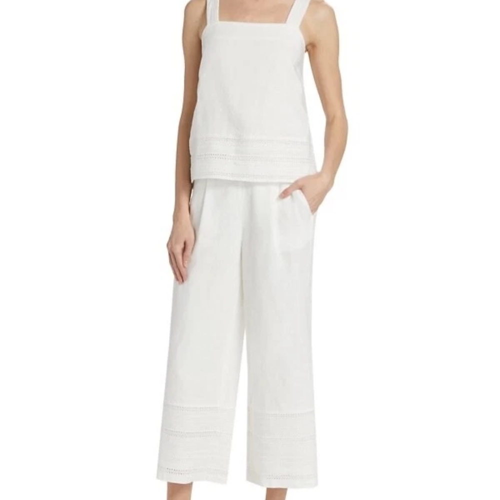 Elie Tahari Womens Linen Eyelet Embroidered Adelle Wide Leg Croppe Pants White S - Picture 2 of 5